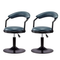 Metal Bar Stools Set Of 2 Retro Industrial Counter Height Adjustment Kitchen Barstools Chairs With Backrest Indoor/Outdoor Pu Leather Seat Blue-I