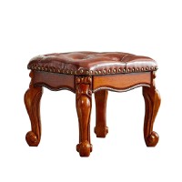 Leilisi Small Footstool Brown Leather Ottoman, Vintage Carved Upholstered Footrest, Rubber Wooden Foot Rest Stool Sofa Stool (Red-Brown)