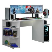 Madesa Gaming Computer Desk With 5 Shelves, Cable Management And Large Monitor Stand, Wood, 24 D X 53 W X 29 H - White