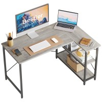 Bestier Small L Shaped Desk With Shelves 47 Inch Reversible Corner Computer Desk Writing Gaming Storage Table For Home Office Small Space, Gray Oak