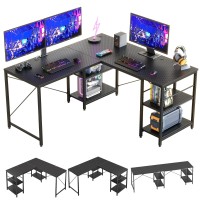 Bestier L Shaped Gaming Desk With Shelves 95.2 Inch Reversible Corner Computer Desk Or 2 Person Long Table For Home Office Large Writing Storage Workstation P2 Board With 3 Cable Holes, Carbon Fiber