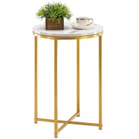 Techmilly Round End Table, Faux Marble Sofa Table, Accent Side Table With Metal Frame, Modern Gold Nightstand, Tall Coffee Table For Living Room, Bedroom