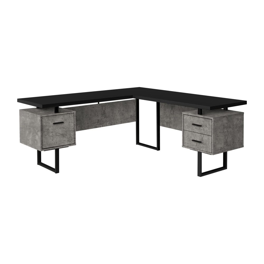 Monarch Specialties Corner Floating Desktop-3 Storage Drawers-Reversible-Home Office Computer Desk, 71 L X 71 W, Black Topgrey Concrete-Look