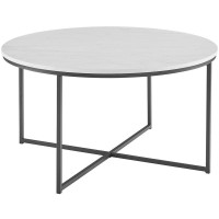 Walker Edison Cora Modern Round Faux Marble Top Coffee Table With X Base 36 Inch Marble And Black