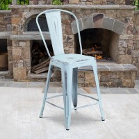Bizchair 4 Pack 24 H Distressed Green-Blue Metal Indoor-Outdoor Counter Height Stool W/Back