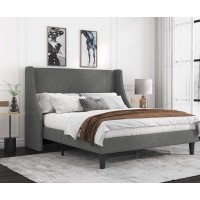 Allewie Full Size Bed Frame, Platform Bed Frame With Upholstered Headboard, Modern Deluxe Wingback, Wood Slat Support, Mattress Foundation, Light Grey