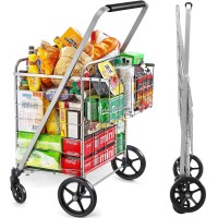 Wellmax Shopping Cart With Wheels, Metal Grocery Cart With Wheels, Shopping Carts For Groceries, Folding Cart For Convenient Storage And Holds Up To 160Lbs, Dual Swivel Wheels And Extra Basket, Silver