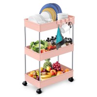 Bathroom Rolling Storage Cart With Wheels Kitchen Utility Cart Casters Mobile Laundry Organizer Shelves For Room Organizers, Make Up, Home School, Dorm Room Office Essentials (3-Tier, Pink 1)