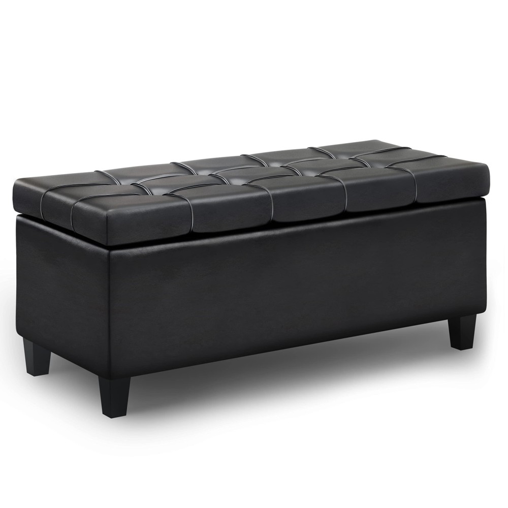 Simplihome Harrison 44 Inch Wide Transitional Rectangle Lift Top Rectangular Storage Ottoman In Midnight Black Vegan Faux Leather, For The Living Room And Bedroom