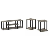 Furinno Simplistic Set Of 2 End Table, French Oak Grey/Black & Turn-N-Tube No Tools 3D 3-Tier Entertainment Tv Stand Up To 50 Inch Tv, Square Tubes, French Oak Grey/Black