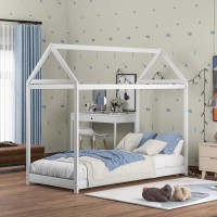 Merax Twin Size Wooden House Bed With Roof Can Be Decorated For Girls, Boys, Children House Bed Frame Twin Size Floor Bed, White