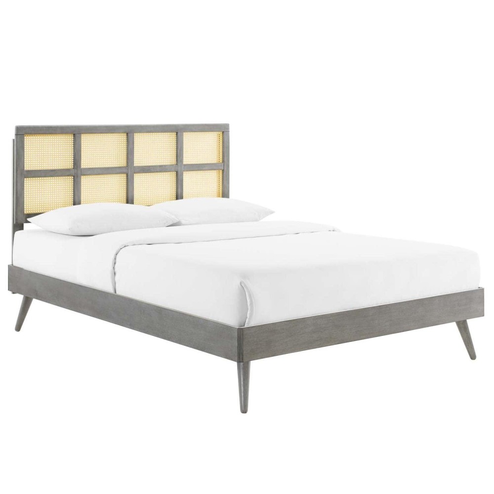 Modway Sidney Cane Rattan And Wood Full Platform Bed In Gray With Splayed Legs