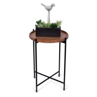 Birdrock Home Folding Side Table With Removable Wood Tray - Black Metal Foldable Nightstand - Indoor Use Only - Bar Coffee Drinks Food Serving Tray - Decorative Modern End Accent - Natural Acacia