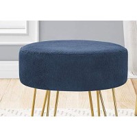 Monarch Specialties I 9002 Round Foot Stool With Padded Seat And Hairpin Metal Legs - Small Upholstered Ottoman, 16 H, Blue Fabric/Gold