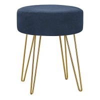 Monarch Specialties I 9002 Round Foot Stool With Padded Seat And Hairpin Metal Legs - Small Upholstered Ottoman, 16 H, Blue Fabric/Gold