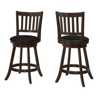 Monarch Specialties I 1237 Counter Height Swivel Chair With Slat Back And Upholstered Seat - Set Of 2 - Barstool, 39 H, Espresso/Black Leather-Look