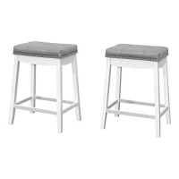 Monarch Specialties I 1263 Counter Height Upholstered Biscuit-Tufted Stool With Nailhead Trim - Set Of 2 - Barstool, 24 H, White/Grey Leather-Look/Silver