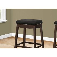Monarch Specialties I 1260 Bar Height Upholstered Biscuit-Tufted Stool With Nailhead Trim - Set Of 2 - Barstool, 29 H, Espresso/Black Leather-Look/Brass