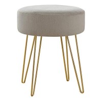 Monarch Specialties I 9000 Round Foot Stool With Padded Seat And Hairpin Metal Legs - Small Upholstered Ottoman, 16 H, Beige Fabric/Gold
