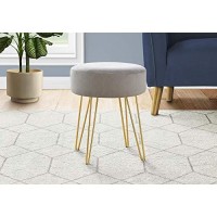 Monarch Specialties I 9003 Round Foot Stool With Padded Seat And Hairpin Metal Legs - Small Upholstered Ottoman, 16 H, Grey Fabric/Gold
