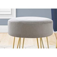 Monarch Specialties I 9003 Round Foot Stool With Padded Seat And Hairpin Metal Legs - Small Upholstered Ottoman, 16 H, Grey Fabric/Gold