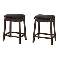 Monarch Specialties I 1261 Counter Height Upholstered Biscuit-Tufted Stool With Nailhead Trim - Set Of 2 - Barstool, 24 H, Espresso/Black Leather-Look/Brass