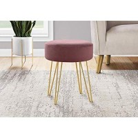 Monarch Specialties I 9001 Round Foot Stool With Padded Seat And Hairpin Metal Legs - Small Upholstered Ottoman, 16 H, Plum Fabric/Gold