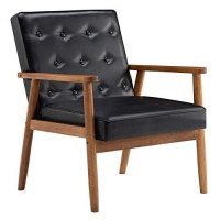 Mid Century Accent Lounge Chair Retro Faux Leather Dining Chair Wwooden Arm And Upholstered Cushion For Kitchen Cafa Living Room Bedroom Office Black