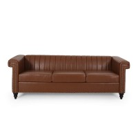 Christopher Knight Home Drury Channel Stitch 3 Seater Sofa With Nailhead Trim - Cognac Browndark Brown