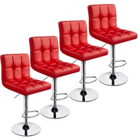 Yaheetech Bar Stools Set Of 4 - Modern Adjustable Kitchen Island Chairs Counter Height Barstools Swivel Pu Leather Chair 30 Inches, X-Large Base And Seat, Red