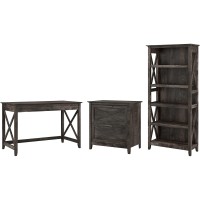 Bush Furniture Key West Writing Desk With 2 Drawer Lateral File Cabinet And 5 Shelf Bookcase, 48W, Dark Gray Hickory