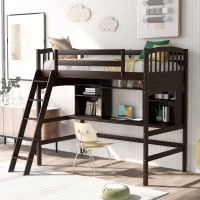 Twin Size Solid Wood Loft Bed With Angled Ladder/Desk/Storage Shelves/Bookcase/Safety Guard Rail, No Box Spring Needed