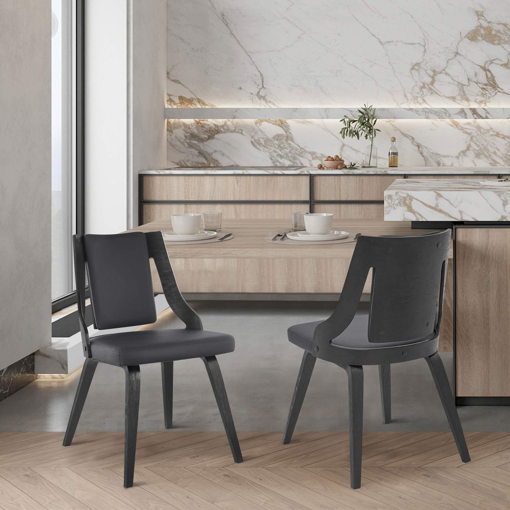 Armen Living Aniston Faux Leather Wood Dining Chairs-Set Of 2, 22D X 20W X 33H In, Gray/Matte Black