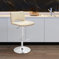 Armen Living Thierry Adjustable Swivel Cream Faux Leather With Walnut Back And Chrome Bar Stool