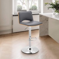 Armen Living Thierry Adjustable Swivel Gray Faux Leather With Walnut Back And Chrome Bar Stool