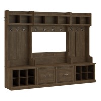 Bush Furniture Woodland Full Entryway Storage Set With Coat Rack And Shoe Bench With Doors, Traditional, Ash Brown