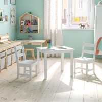Kids Solid Hardwood Table And Chair Set For Playroom, Bedroom, Kitchen - 3 Piece Set - White
