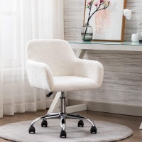 Ssline Faux Fur Vanity Chair Elegant White Furry Makeup Desk Chairs For Girls Women Modern Comfy Fluffy Arm Chair With Wheels In Bedroom Living Room -(Short Hair Type)