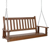 Mupater Outdoor Patio Hanging Wooden Porch Swing 4Ft With Chains, 2-Person Heavy Duty Swing Bench For Garden And Backyard, Wood Brown