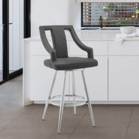 Armen Living Maxen 25 Gray Faux Leather And Brushed Stainless Steel Swivel Bar Stool
