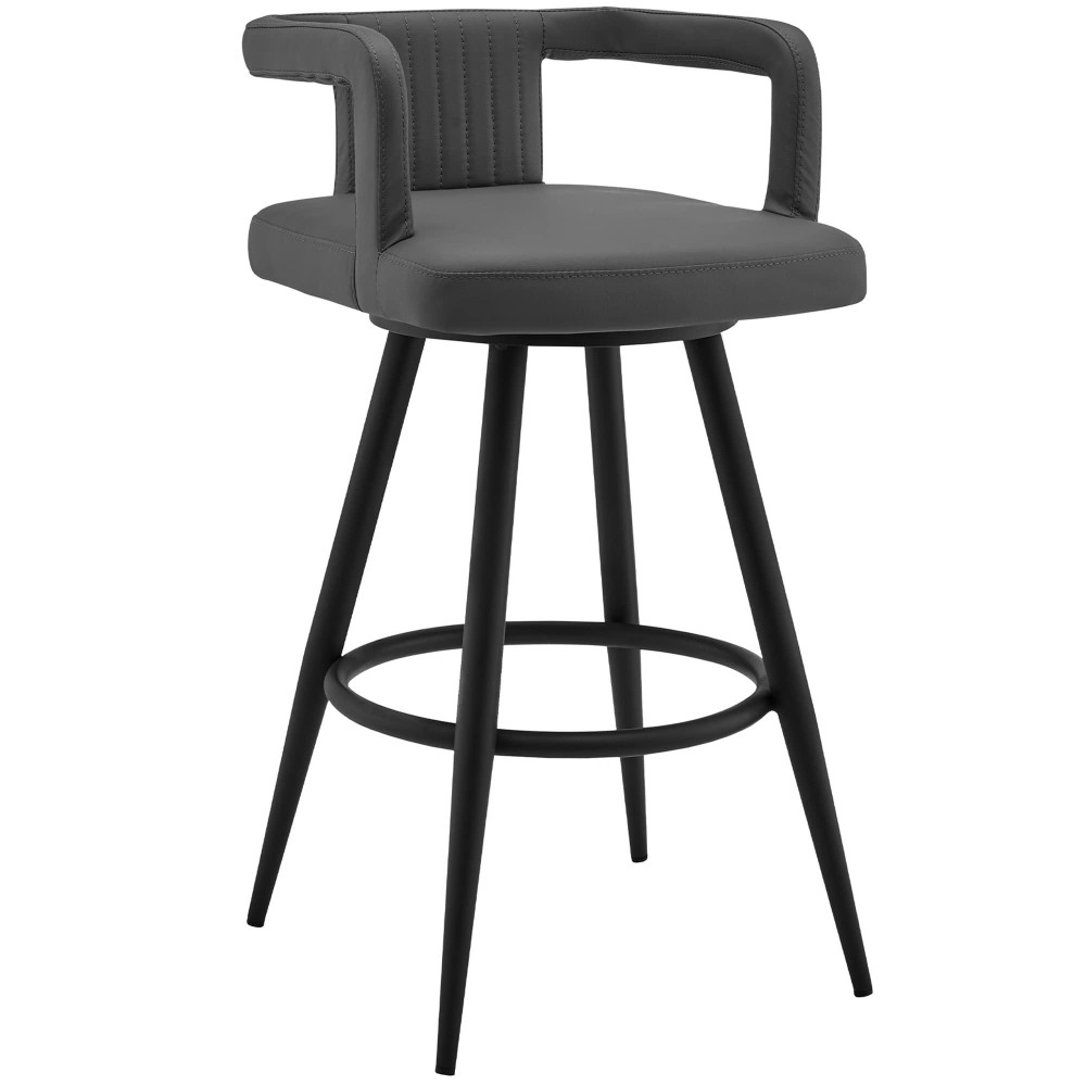 Armen Living Gabriele 30 Gray Faux Leather And Black Metal Swivel Bar Stool