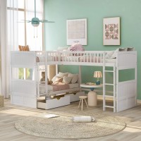 Klmm Twin Over Twin Bunk Bed With Loft Bed Attached, Accommodate 3 Person, L-Shaped Corner Bunk Bed Frame With 2 Drawers And 2 Flat Ladder, For Kids/Teenager/Adult (White With Drawers)
