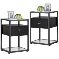 Vecelo Glass Top End Tables,Modern Nightstands With Drawer And Metal Frame, Set Of 2 For Living Room,Bedroom,Lounge, Black