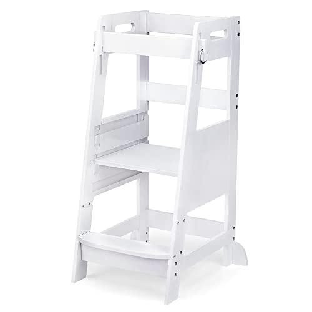 Toetol Bamboo Toddler Kitchen Step Stool White Helper Standing Tower Height Adjustable With Anti-Slip Protection For Kids Kitchen Counter Learning