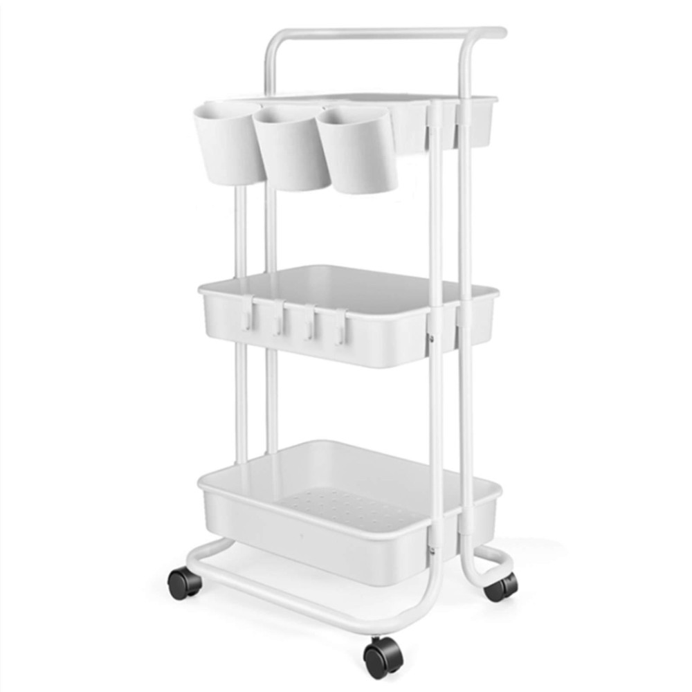 Azmall 3 Tier Rolling Cart - Utility Organizer Cart Kitchen Cart Makeup Cart 3 Shelf Baby Tray Cart With Hanging Cups Trolley Handles And Wheels For Bathroom Kids Room Bedroom Office (White)