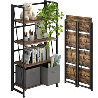 4Nm No-Assembly Folding Bookshelf Storage Shelves 4 Tiers Vintage Bookcase Standing Racks Study Organizer Home Office (Rustic Brown And Black)