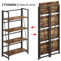 4Nm No-Assembly Folding Bookshelf Storage Shelves 4 Tiers Vintage Bookcase Standing Racks Study Organizer Home Office (Rustic Brown And Black)