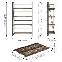 4Nm No-Assembly Folding Bookshelf Storage Shelves 4 Tiers Vintage Bookcase Standing Racks Study Organizer Home Office (Rustic Brown And Black)