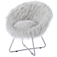Birdrock Home Grey Faux Fur Papasan Chair With Silver Legs - Kids Bedroom Moon Chair - Comfy Wide Cushion Seat - Living Room Saucer - Metal - Fluffy Round Seat - Circle