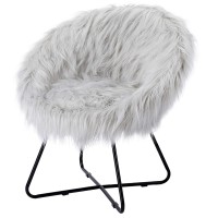 Birdrock Home Grey Faux Fur Papasan Chair With Black Legs - Kids Bedroom Moon Chair - Comfy Wide Cushion Seat - Living Room Saucer - Metal - Fluffy Round Seat - Circle